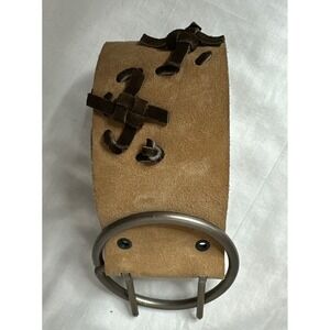 Vintage Wide Leather Belt Grommets Made In Spain Tan‎ Silver Metal Unique Small